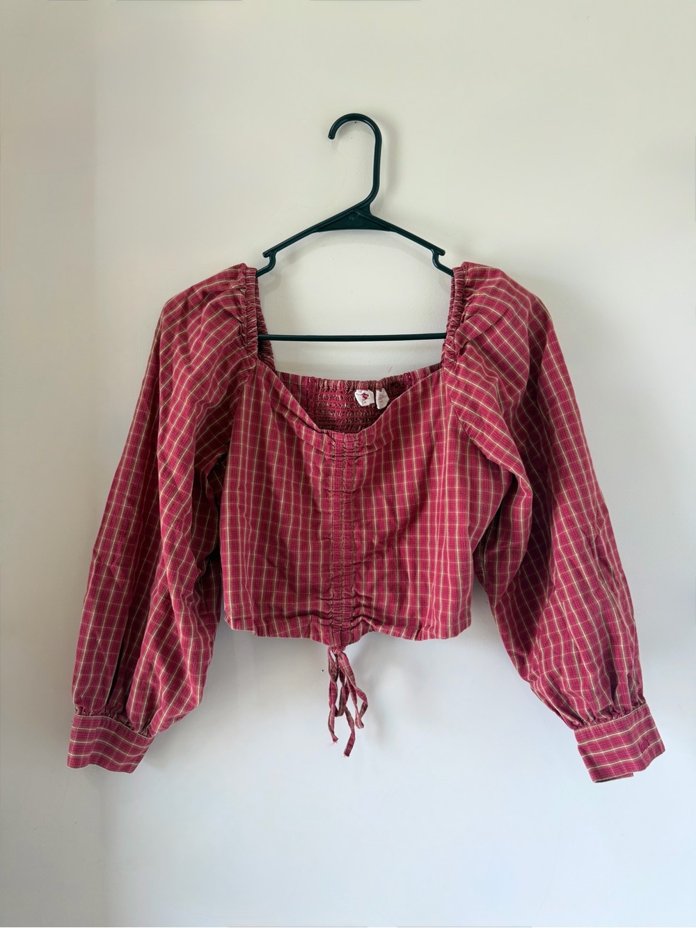 Levi’s Pink Plaid Ruched Corset Puff Sleeve Crop Top S